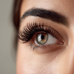 Obraz premium Close-up of woman’s eye with long eyelashes and natural makeup 