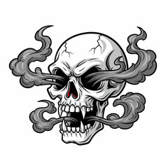 Cartoon Skull with Cracks and Red Eyes Smoking Gray Smoke.