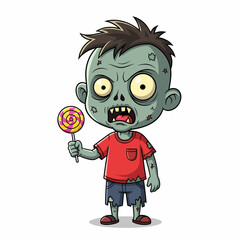 Cartoon Zombie Boy with Lollipop Wearing Ripped Clothes and a Menacing Expression.