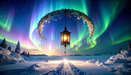Lantern Glowing Under Northern Lights in Winter Wonderland