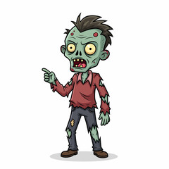 Cartoon Zombie with Pointing Finger Wearing Ripped Clothes and Brown Shoes.