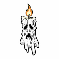 Cartoonish candle with melting wax forming a spooky face and flickering flame.