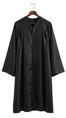 Fototapeta premium Graduation gown hanging on wooden hanger, showcasing sleek black design, symbolizing achievement and academic success