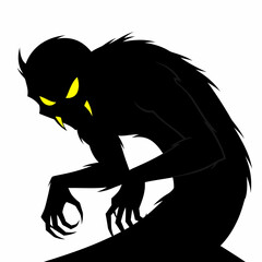 Hunched Silhouette with Glowing Yellow Eyes and Sharp Fangs Menacing Creature.
