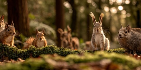 Fototapeta premium Forest animals in a peaceful scene, minimal props, clear focus on wildlife, editorial ambiance
