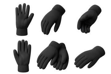 Obraz premium High-resolution winter clothing clipart set with six variations of black gloves, front view, back view, side view, and paired, isolated on transparent background.
