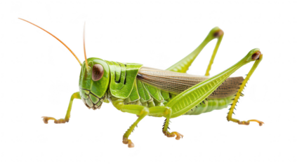 A close-up view of a green grasshopper perched on a white surface. its intricate body structure and natural colors. ideal for educational and nature-themed projects