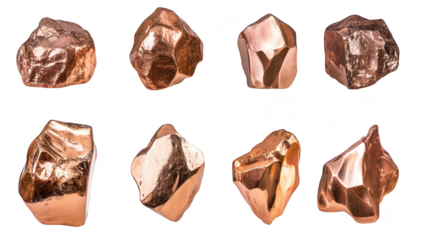 A collection of eight uniquely shaped copper nuggets their shiny textures and metallic hues. arranged artistically against a white background. ideal for natural mineral beauty