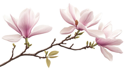 Fototapeta premium A serene close-up of blooming magnolia flowers on a delicate branch. their soft pink and white petals against a clean white background. perfect for nature-themed designs or floral decor