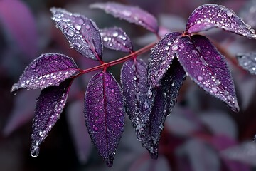 Leaves drenched in water droplets, shown in a close-up shot, highlighting their rich purple color and intricate texture.
