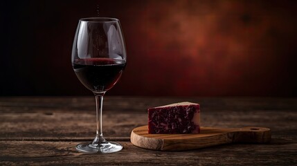 A glass of red wine and a piece of dark-colored cheese rest on a rustic wooden table.