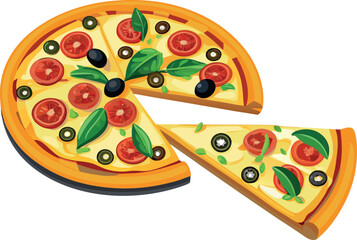 An illustration of a delicious Italian pepperoni pizza slice with tomato, cheese, and vegetables on a white background