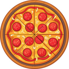 Delicious Italian pizza vector illustration with cheese, pepperoni, tomato, and mushroom slices for a fast dinner meal