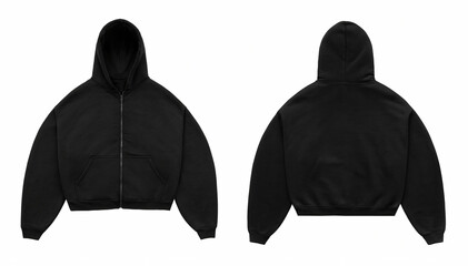 Black Hoodie Sweatshirt with Zipper Front and Back View Isolated on White Background