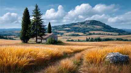 Golden hour transforms a wheat field into a fiery tapestry, with cypress trees casting long, twisted shadows. The sky is a maelstrom of brushed whites and deep cerulean.