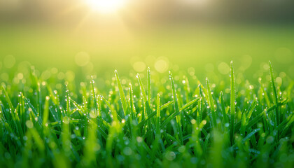 Close-up of morning dew on grass against a soft bokeh background with copy space