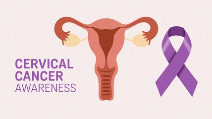 Cervical Cancer Awareness with Uterus Illustration and Ribbon