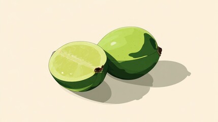Two vibrant green limes, one whole, one sliced, subtly shadowed