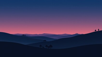 Obraz premium A serene landscape of rolling hills, outlined in silhouette, bathed in the soft hues of a twilight sky.