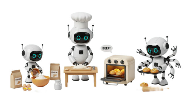 Robot bakers baking bread automation ai in kitchen chef hat flour eggs oven technology future bakery 3d render - Powered by Adobe