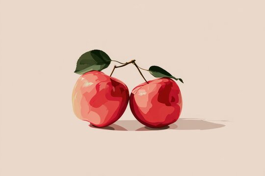Two rosy apples with leaves on a light beige background
