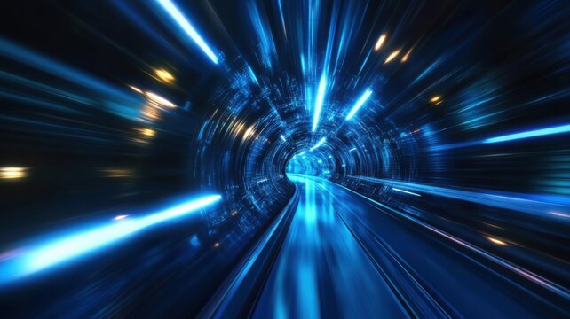 Bright blue tunnel with glowing lights creates a sense of speed and motion on a futuristic journey