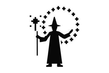 A silhouette of a wizard wearing a robe and using a wand to create stars