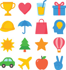 Colorful flat icons of shopping, gifts, parties, ideas, love, and celebration. Ideal for websites, apps, promotions, festivals, events, infographics, and social media.
