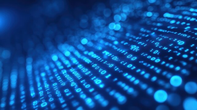 Data streams create a mesmerizing blue visual effect in a digital environment filled with binary code