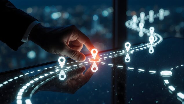 Finger Pointing Geolocation Path Across Digital Map