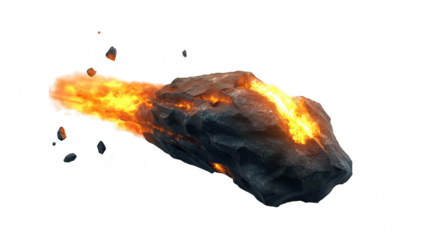 A fiery meteor streaks through a clear sky. leaving a trail of flames and debris. symbolizing cosmic events and natural phenomena. suitable for educational or creative projects