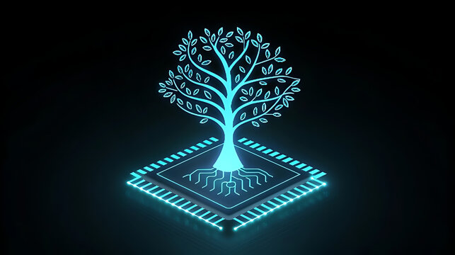 Glowing blue tree of life on circuit board dna helix