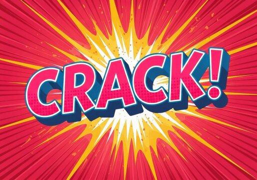 A comic book style explosion graphic with the word crack in bold pink and blue letters, set against a vibrant red and yellow background