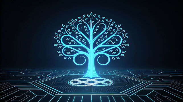 Glowing blue tree of life on circuit board neon digital