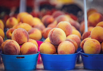 Several ripe peaches are displayed in vibrant blue baskets at a market. The focus is on the peaches' velvety skin against the bold color of the baskets.