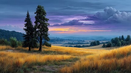 A stormy twilight over a rural expanse