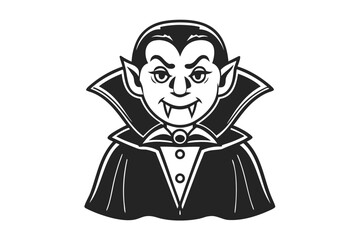 Black and white cartoon vampire with sharp teeth wearing a classic cape and collar