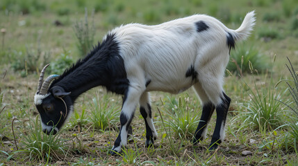 Obraz premium A young goat grazes in a field. Little goat in the zoo. Goat on the verme. Black and white goat on the farm. Goat, animals, farm, wild, goat, ram