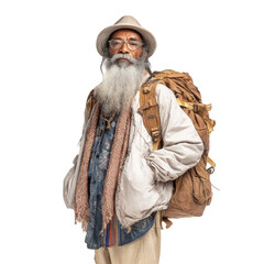 Bearded traveler with backpack on white transparent background