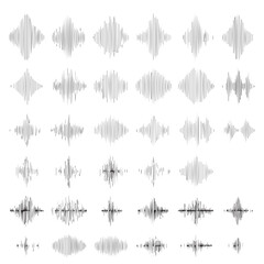 Podcast sound waves set. Line icons of audio waveforms, sound frequencies, and microphone signals for music, podcasts, broadcasting, UI, and audio branding. Isolated vector PNG collection.