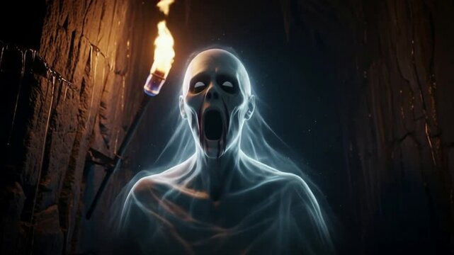 Terrifying ghostly figure screams in a dark stone dungeon passage