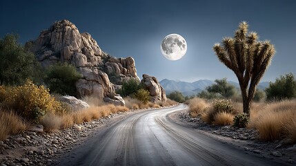 A desert highway under a full moon, with motion blur turning the asphalt into a silvery ribbon. Cacti stand like sentinels along the roadside.