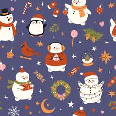 Cartoon seamless pattern of Christmas with cute snowmen, Red Cardinal bird, penguin, candies, decorations. Hand drawn trendy background for print, poster, banner, wrapping paper, wallpaper