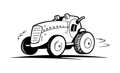 Cartoon Tractor Illustration in Black and White Farm Vehicle Drawing Agricultural Machine on white background