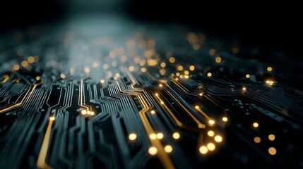 Close up view of a glowing digital circuit board with illuminated pathways and intricate connections on a dark background