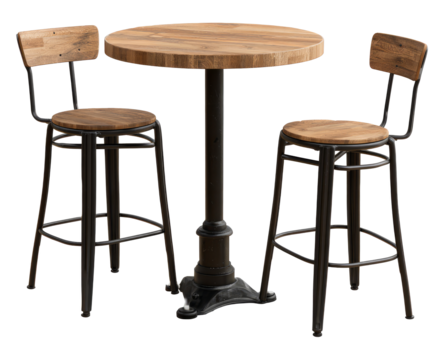 Wooden Bar stools with high table. Round wooden table and two chairs bar isolated. Bar Table and Round Bar Table. Pub Dining Table