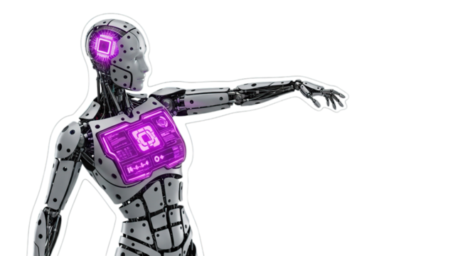 Futuristic robot cyborg with glowing purple interface ai technology artificial intelligence concept design