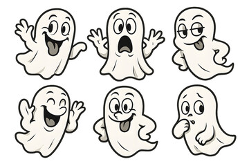 A set of cute cartoon ghosts with a classic black-and-white style and modern touch, showcasing various funny and spooky expressions, perfect for Halloween designs.