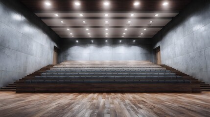 An empty modern university lecture hall with tiered seating and wooden floors