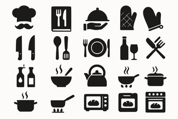 Minimalist Kitchen Icon Grid with Culinary Silhouettes in Clean Black Vector Style